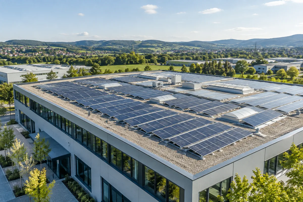 Solarmodule auf dem Dach eines Gewerbegebäudes
