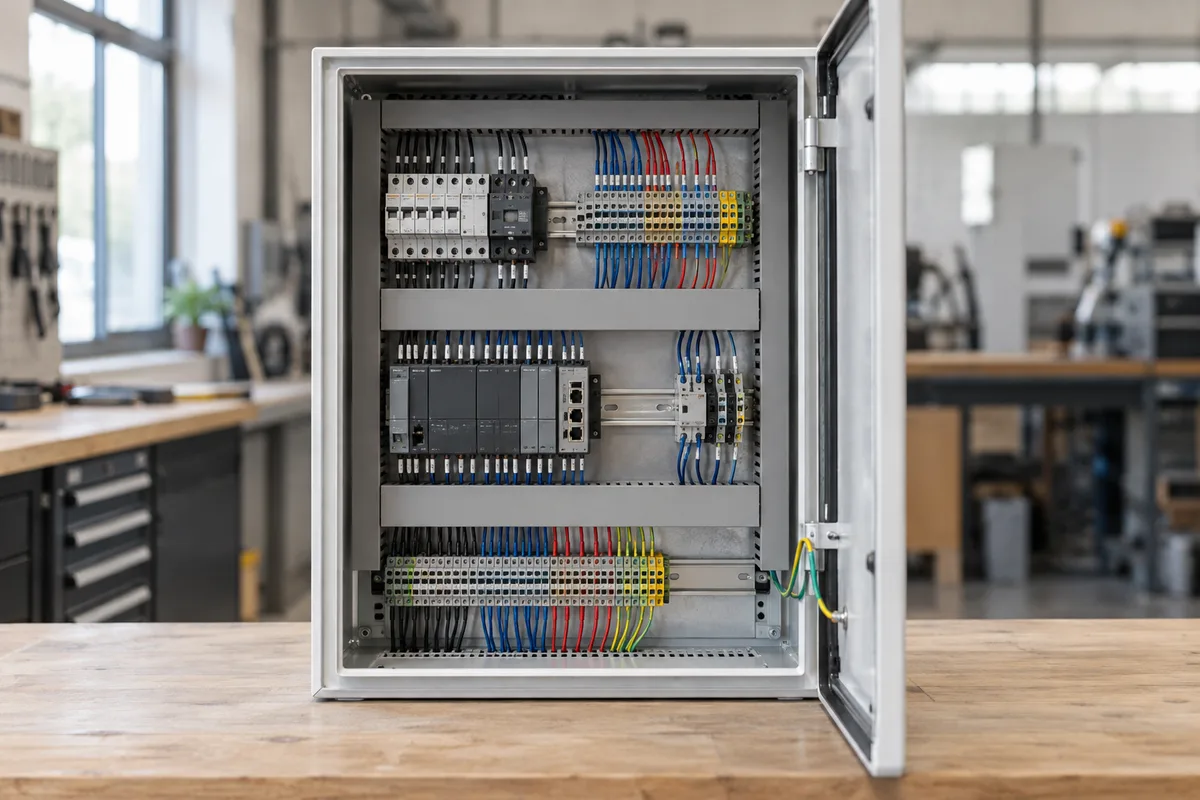Kompakter Schaltschrank auf einer Werkbank
